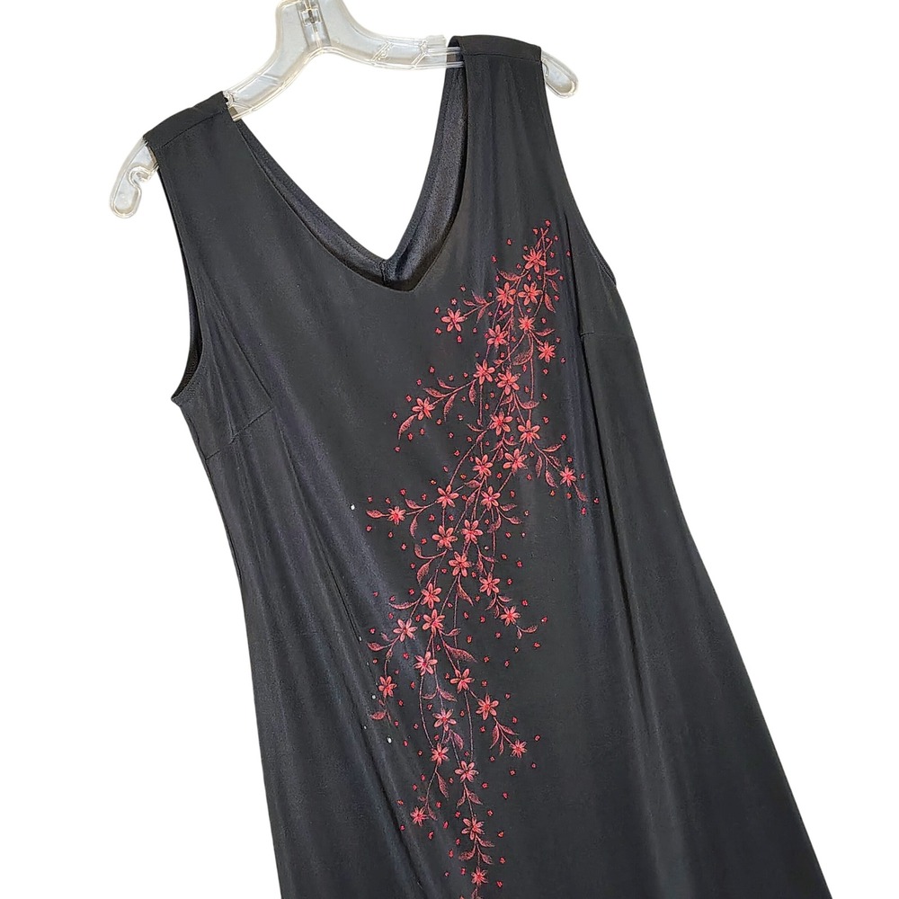 Fashion Bug‎ Vintage Black V-Neck Beaded Floral Sheath Dress MD017 Womens Large